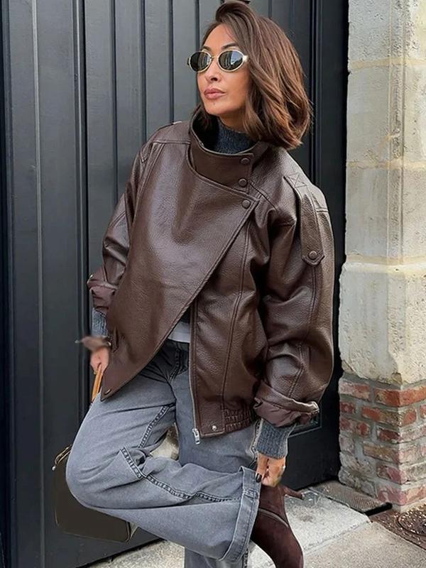 Blouson moto oversize en similicuir à col montant, ourlet élastique, style urbain, manches longues décontracté, résistant à l'eau et au vent, pour le printemps et l'automne, vêtements féminins pour le quotidien, vêtement d'extérieur chic