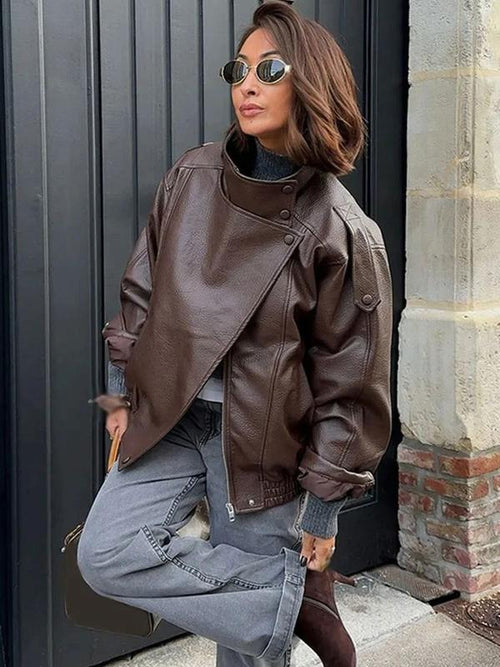 Blouson moto oversize en similicuir à col montant, ourlet élastique, style urbain, manches longues décontracté, résistant à l'eau et au vent, pour le printemps et l'automne, vêtements féminins pour le quotidien, vêtement d'extérieur chic