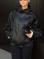 Blouson moto oversize en similicuir à col montant, ourlet élastique, style urbain, manches longues décontracté, résistant à l'eau et au vent, pour le printemps et l'automne, vêtements féminins pour le quotidien, vêtement d'extérieur chic