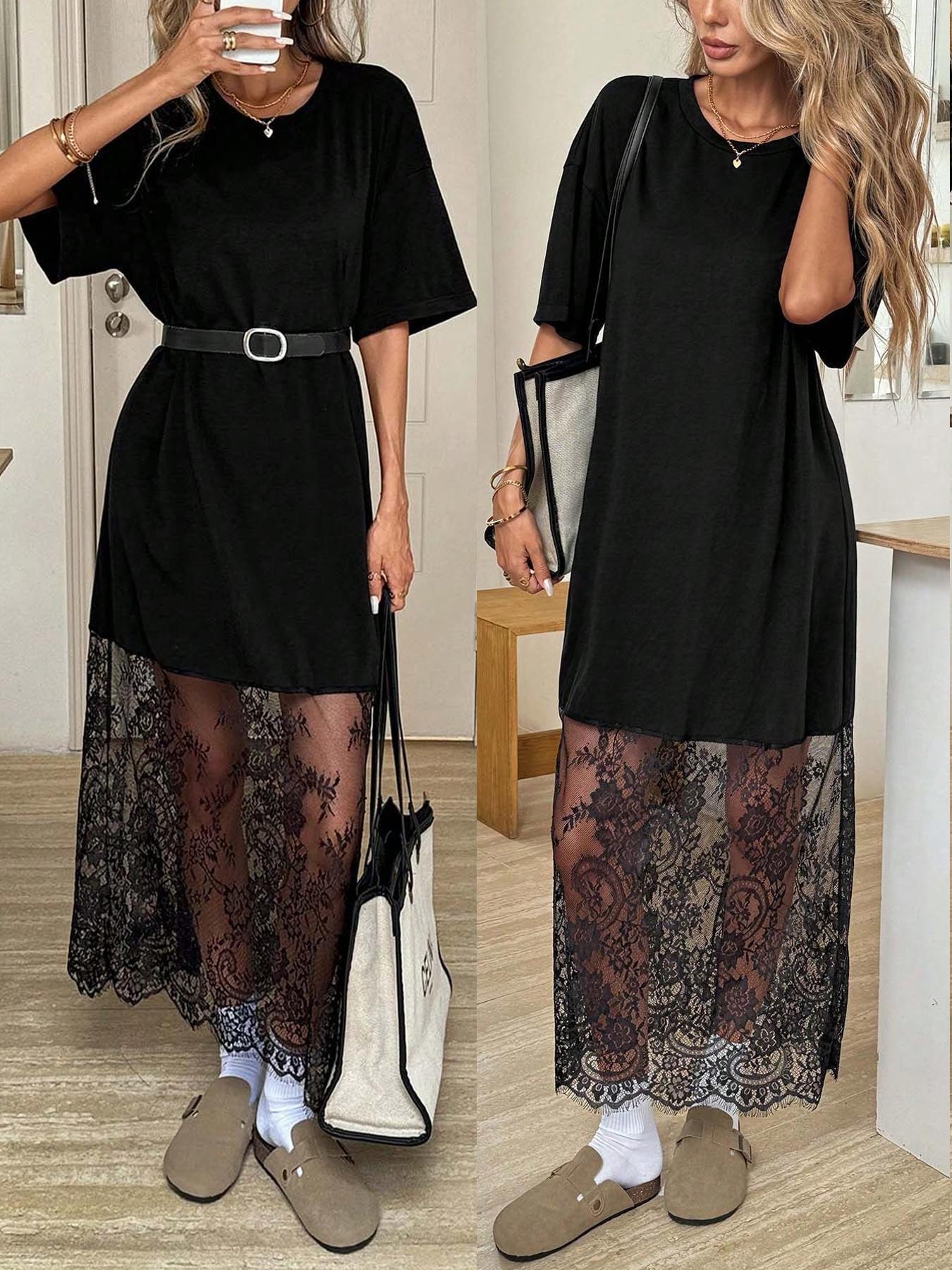 🔥 Meilleure vente | Robe maxi noire oversize à manches courtes et ourlet en dentelle transparente, épaules tombantes 
