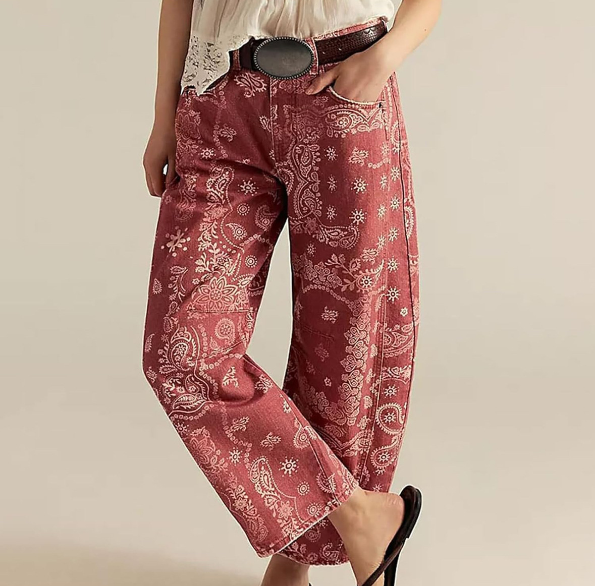⚡Vente Flash : Jean Large Imprimé Floral Boho pour Femme CHOUYATOU – Rose Doux, Coupe Ample Y2K, Jean Taille Moyenne