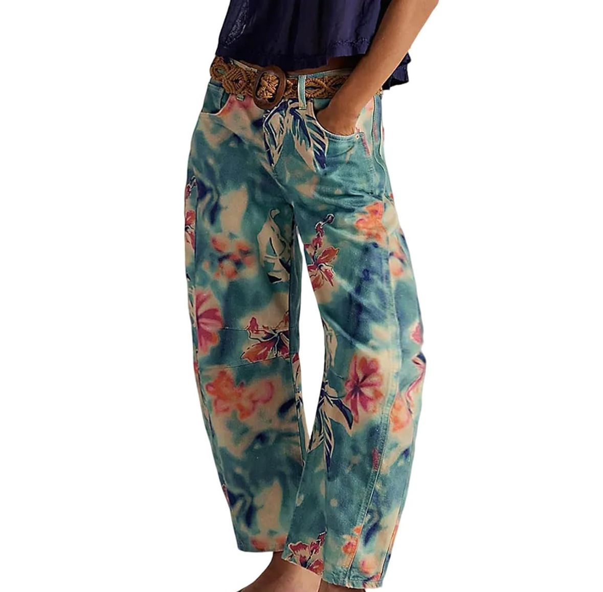 ⚡Vente Flash : Jean Large Imprimé Floral Boho pour Femme CHOUYATOU – Rose Doux, Coupe Ample Y2K, Jean Taille Moyenne