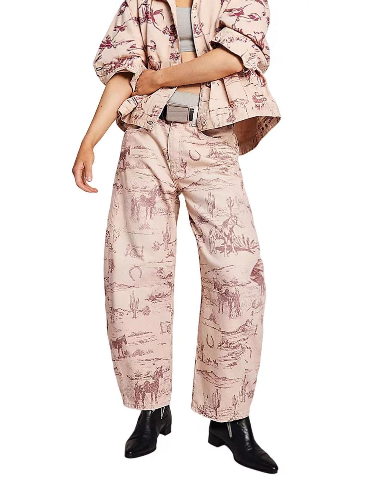 ⚡Vente Flash : Jean Large Imprimé Floral Boho pour Femme CHOUYATOU – Rose Doux, Coupe Ample Y2K, Jean Taille Moyenne