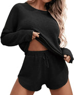 🔥 Meilleure vente | Ensembles 2 pièces pour femmes : pull, haut en maille à épaules dénudées et short assortis, ensemble pyjama mignon 