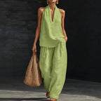 Boho Linen Two Piece Set - Perfect for Beach, Vacation & Brunch! Halter Neck Sleeveless Top Wide Leg Pants Set # TwoPieceSet # LinenSet # WideLegPants # HalterNeck # SummerOutfit # BohoFashion # CasualWear # Outfit of the Day # WomensFashion