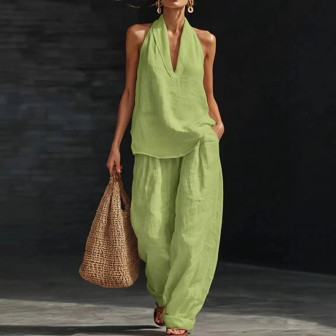 Boho Linen Two Piece Set - Perfect for Beach, Vacation & Brunch! Halter Neck Sleeveless Top Wide Leg Pants Set # TwoPieceSet # LinenSet # WideLegPants # HalterNeck # SummerOutfit # BohoFashion # CasualWear # Outfit of the Day # WomensFashion