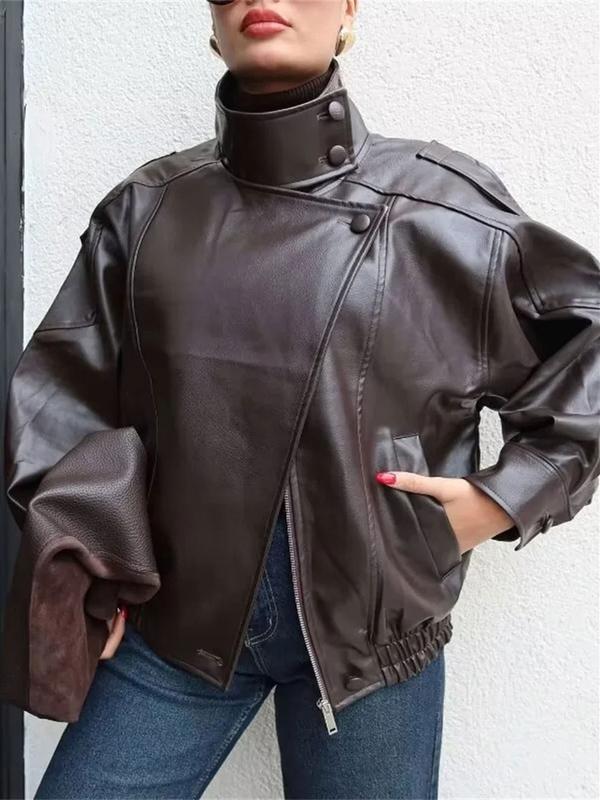 Blouson moto oversize en similicuir à col montant, ourlet élastique, style urbain, manches longues décontracté, résistant à l'eau et au vent, pour le printemps et l'automne, vêtements féminins pour le quotidien, vêtement d'extérieur chic