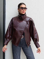 Blouson moto oversize en similicuir à col montant, ourlet élastique, style urbain, manches longues décontracté, résistant à l'eau et au vent, pour le printemps et l'automne, vêtements féminins pour le quotidien, vêtement d'extérieur chic