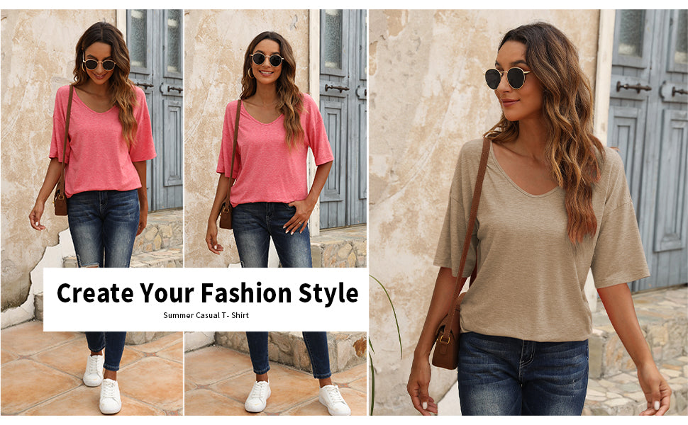 🔥 Meilleure vente | T-shirt femme à col V doux, manches courtes, léger, uni, coupe ample, minimaliste, décontracté, confortable, simple