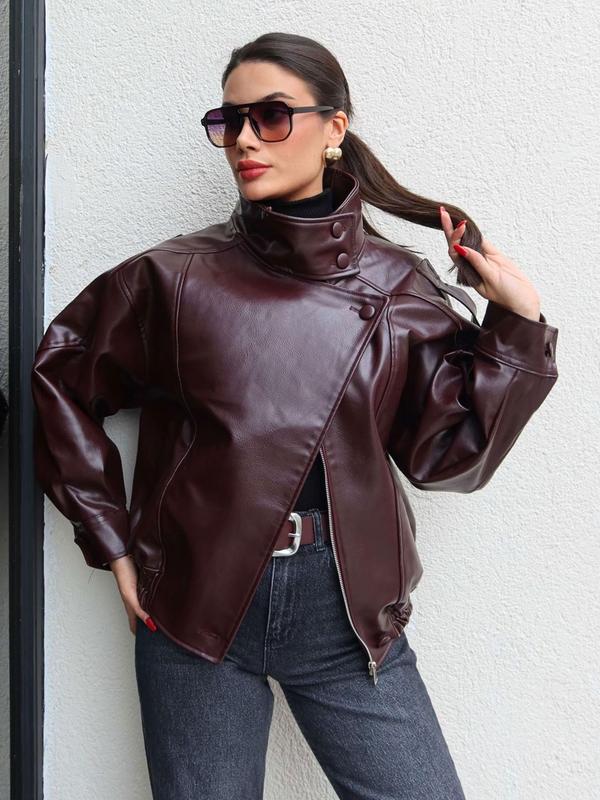 Blouson moto oversize en similicuir à col montant, ourlet élastique, style urbain, manches longues décontracté, résistant à l'eau et au vent, pour le printemps et l'automne, vêtements féminins pour le quotidien, vêtement d'extérieur chic