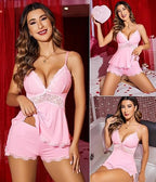 🔥 Meilleure vente | Ensemble pyjama deux pièces femme : débardeur et short à bordure en dentelle unie 
