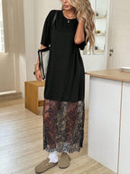 🔥 Meilleure vente | Robe maxi noire oversize à manches courtes et ourlet en dentelle transparente, épaules tombantes 