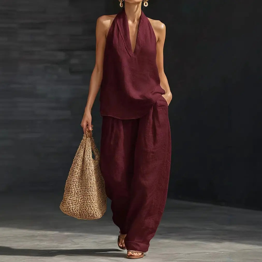 Boho Linen Two Piece Set - Perfect for Beach, Vacation & Brunch! Halter Neck Sleeveless Top Wide Leg Pants Set # TwoPieceSet # LinenSet # WideLegPants # HalterNeck # SummerOutfit # BohoFashion # CasualWear # Outfit of the Day # WomensFashion