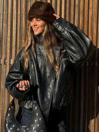 Blouson moto oversize en similicuir à col montant, ourlet élastique, style urbain, manches longues décontracté, résistant à l'eau et au vent, pour le printemps et l'automne, vêtements féminins pour le quotidien, vêtement d'extérieur chic
