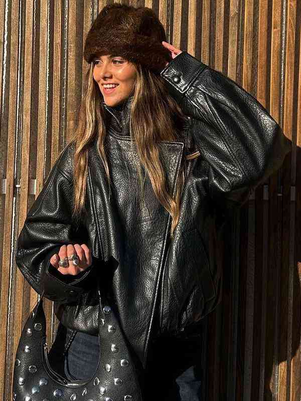 Blouson moto oversize en similicuir à col montant, ourlet élastique, style urbain, manches longues décontracté, résistant à l'eau et au vent, pour le printemps et l'automne, vêtements féminins pour le quotidien, vêtement d'extérieur chic