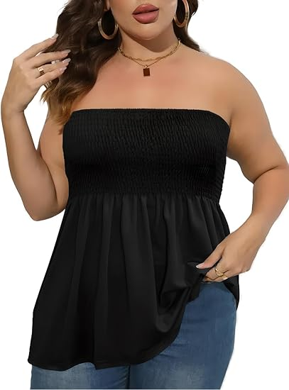 ⚡Vente éclair 👍Top tube froncé à volants grande taille, style bohème chic, top bustier femme, vêtements femme, top noir décontracté sans manches 