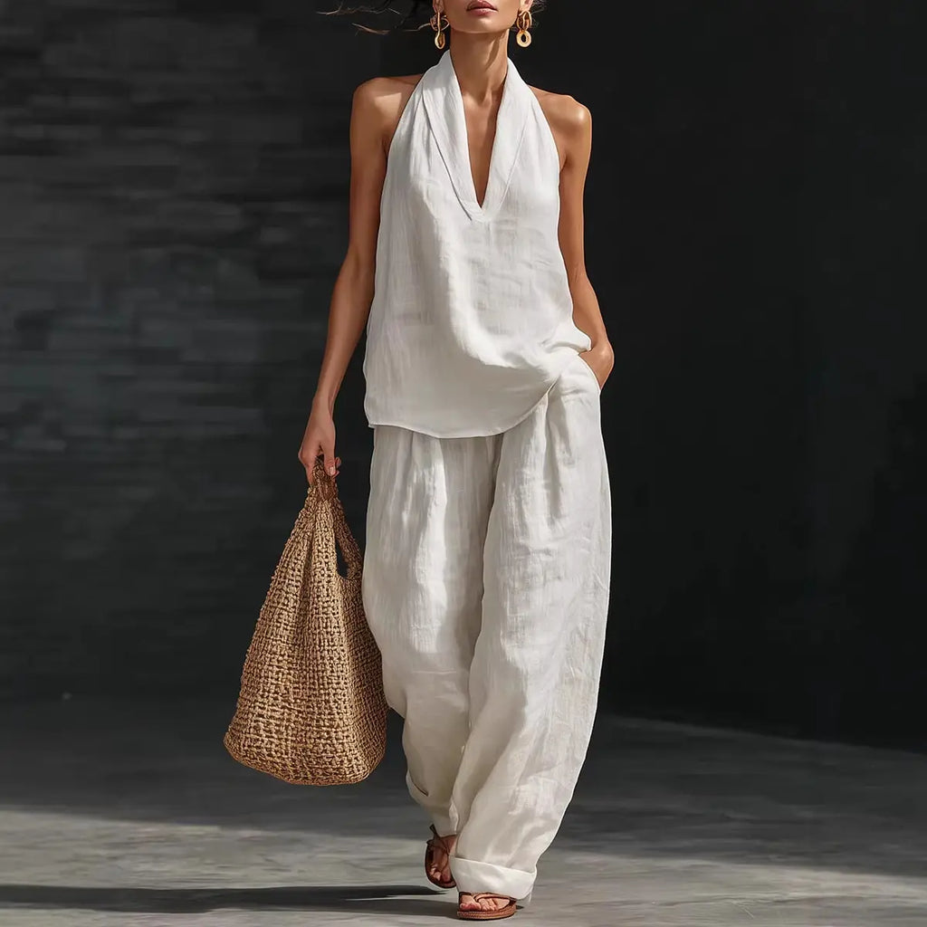 Boho Linen Two Piece Set - Perfect for Beach, Vacation & Brunch! Halter Neck Sleeveless Top Wide Leg Pants Set # TwoPieceSet # LinenSet # WideLegPants # HalterNeck # SummerOutfit # BohoFashion # CasualWear # Outfit of the Day # WomensFashion