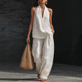 Boho Linen Two Piece Set - Perfect for Beach, Vacation & Brunch! Halter Neck Sleeveless Top Wide Leg Pants Set # TwoPieceSet # LinenSet # WideLegPants # HalterNeck # SummerOutfit # BohoFashion # CasualWear # Outfit of the Day # WomensFashion