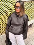 Blouson moto oversize en similicuir à col montant, ourlet élastique, style urbain, manches longues décontracté, résistant à l'eau et au vent, pour le printemps et l'automne, vêtements féminins pour le quotidien, vêtement d'extérieur chic