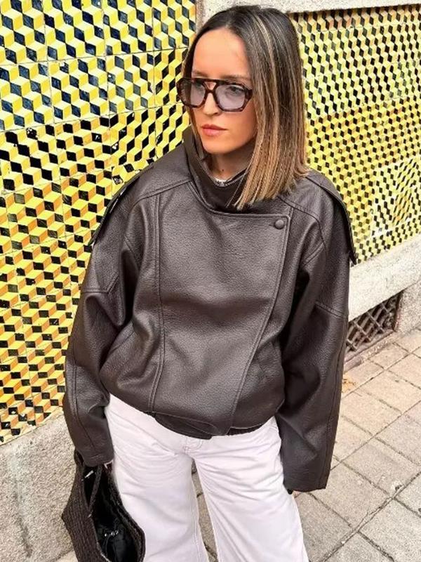 Blouson moto oversize en similicuir à col montant, ourlet élastique, style urbain, manches longues décontracté, résistant à l'eau et au vent, pour le printemps et l'automne, vêtements féminins pour le quotidien, vêtement d'extérieur chic