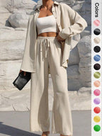 ⚡Stock limité | Ensemble deux pièces pour femme : chemise boutonnée unie et pantalon large à nouer, idéal pour le printemps et l'automne 