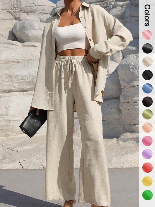 ⚡Stock limité | Ensemble deux pièces pour femme : chemise boutonnée unie et pantalon large à nouer, idéal pour le printemps et l'automne 