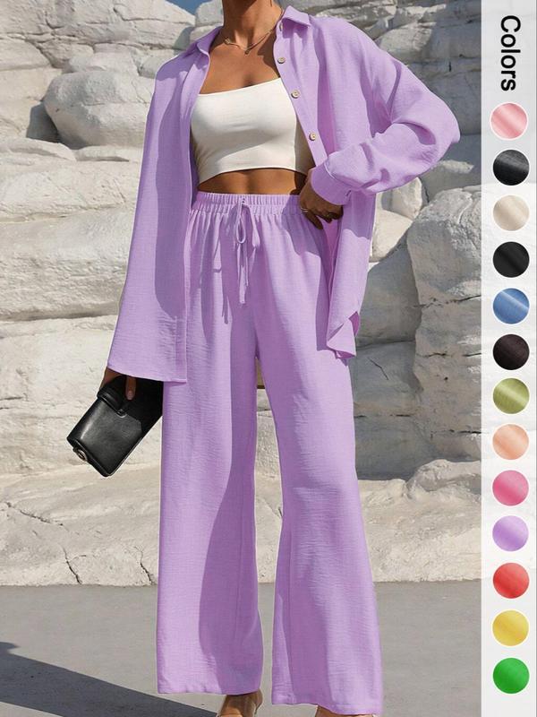 ⚡Stock limité | Ensemble deux pièces pour femme : chemise boutonnée unie et pantalon large à nouer, idéal pour le printemps et l'automne 