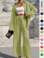 ⚡Stock limité | Ensemble deux pièces pour femme : chemise boutonnée unie et pantalon large à nouer, idéal pour le printemps et l'automne 
