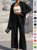 ⚡Stock limité | Ensemble deux pièces pour femme : chemise boutonnée unie et pantalon large à nouer, idéal pour le printemps et l'automne 
