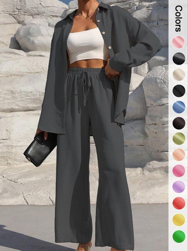 ⚡Stock limité | Ensemble deux pièces pour femme : chemise boutonnée unie et pantalon large à nouer, idéal pour le printemps et l'automne 