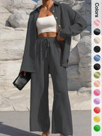 ⚡Stock limité | Ensemble deux pièces pour femme : chemise boutonnée unie et pantalon large à nouer, idéal pour le printemps et l'automne 