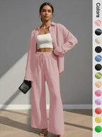 ⚡Stock limité | Ensemble deux pièces pour femme : chemise boutonnée unie et pantalon large à nouer, idéal pour le printemps et l'automne 