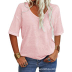 🔥 Meilleure vente | T-shirt femme à col V doux, manches courtes, léger, uni, coupe ample, minimaliste, décontracté, confortable, simple