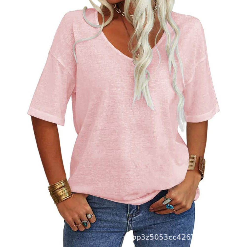 🔥 Meilleure vente | T-shirt femme à col V doux, manches courtes, léger, uni, coupe ample, minimaliste, décontracté, confortable, simple