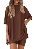 ⚡Stock limité | Ensemble deux pièces pour femme, col rond, t-shirt oversize à ourlet fendu, idéal pour l'été et les moments de détente. Tissu viscose doux et confortable, parfait pour la maison ou comme pyjama douillet. 