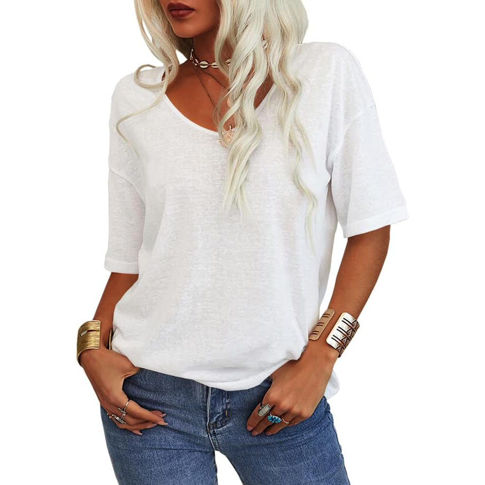 🔥 Meilleure vente | T-shirt femme à col V doux, manches courtes, léger, uni, coupe ample, minimaliste, décontracté, confortable, simple