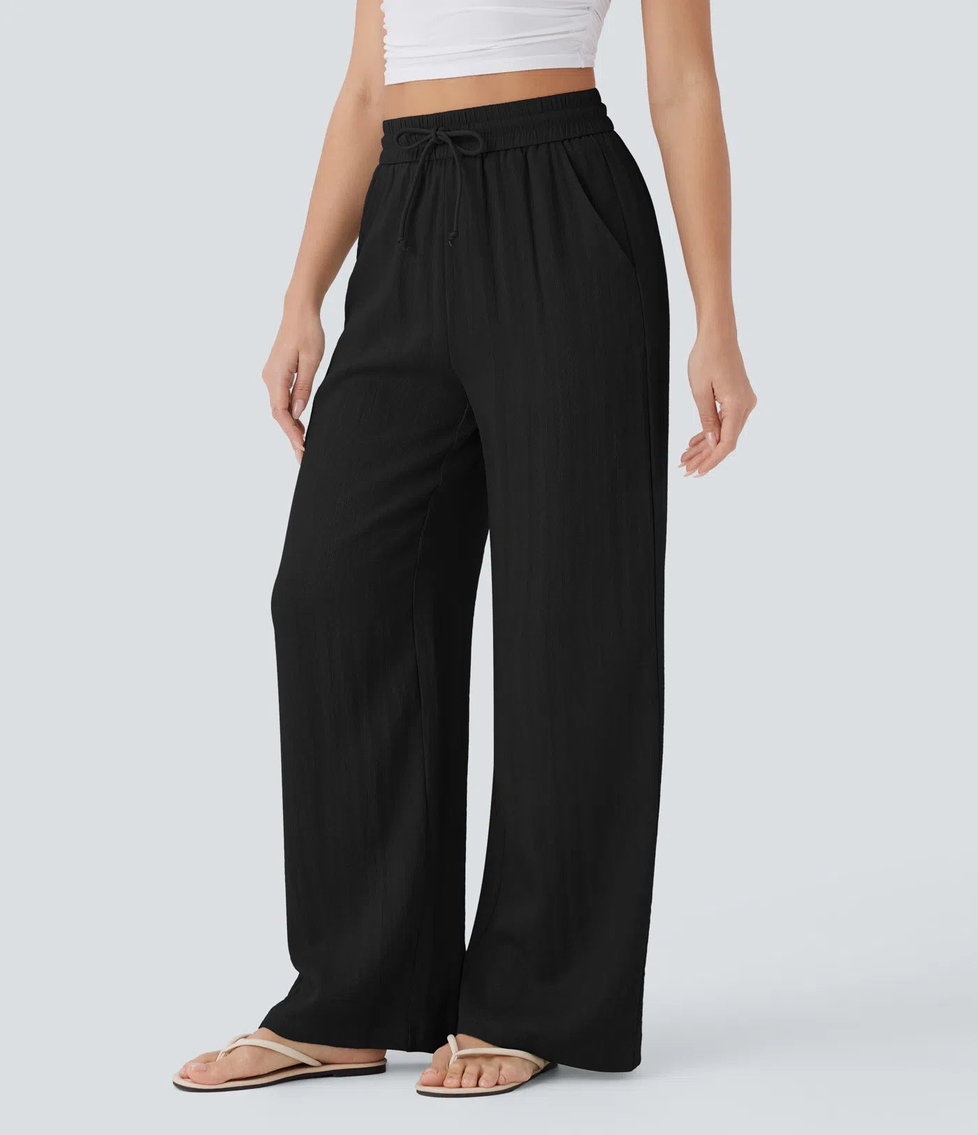 🔥 Meilleure vente | Pantalon décontracté taille haute à jambes larges et cordon de serrage, toucher doux, avec poches latérales 