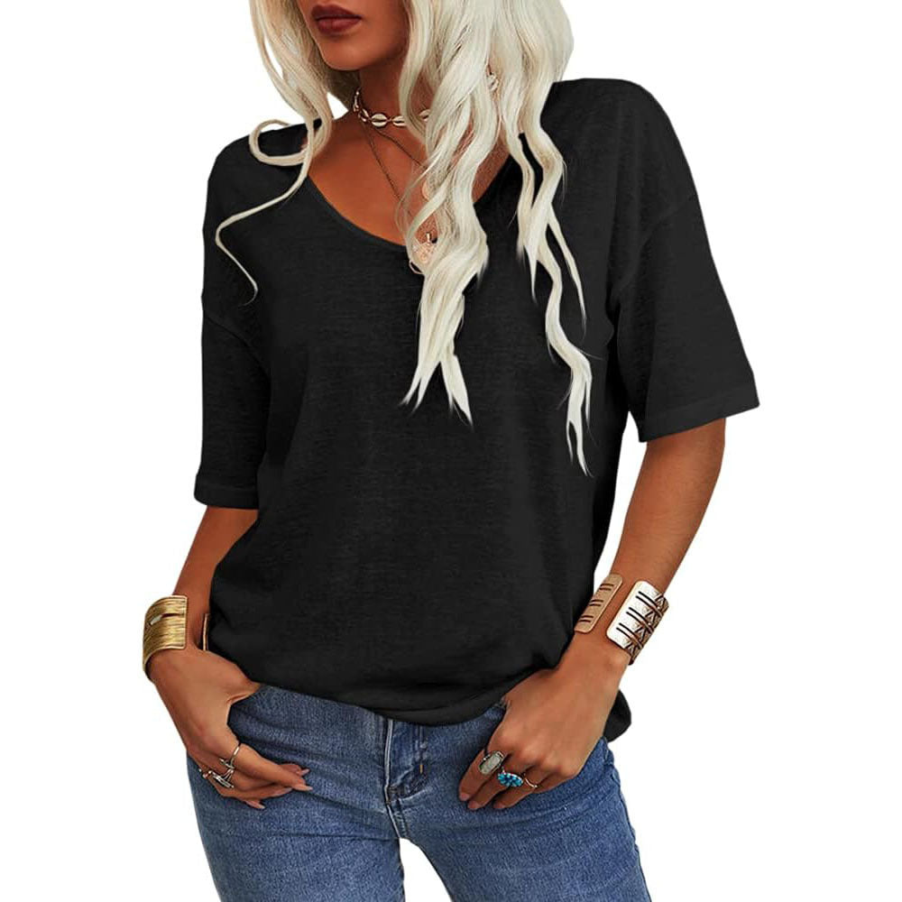 🔥 Meilleure vente | T-shirt femme à col V doux, manches courtes, léger, uni, coupe ample, minimaliste, décontracté, confortable, simple