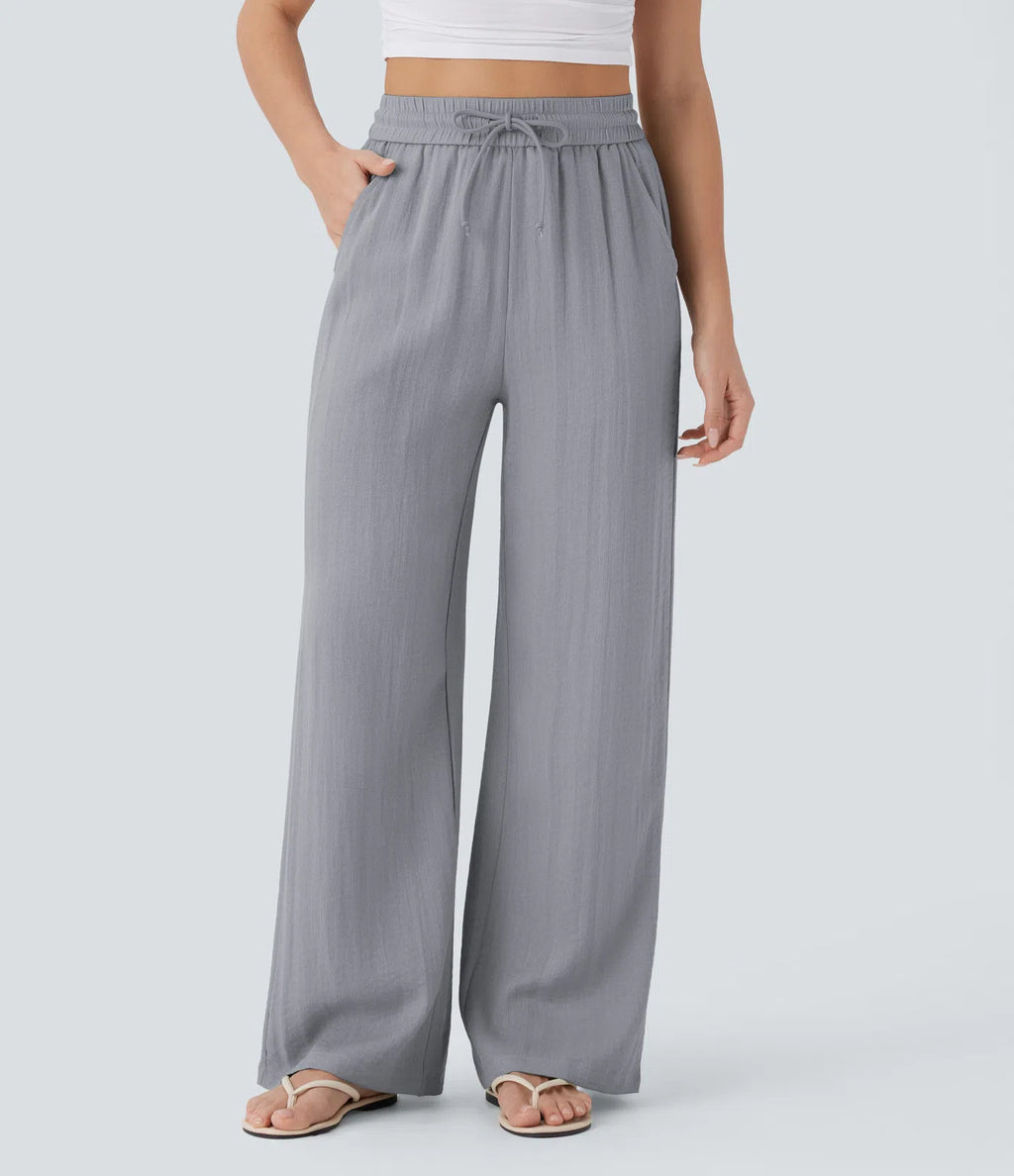 🔥 Meilleure vente | Pantalon décontracté taille haute à jambes larges et cordon de serrage, toucher doux, avec poches latérales 
