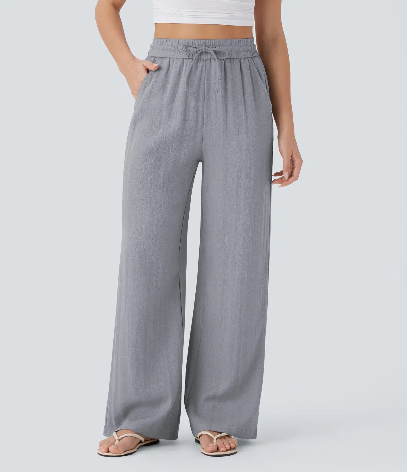 🔥 Meilleure vente | Pantalon décontracté taille haute à jambes larges et cordon de serrage, toucher doux, avec poches latérales 