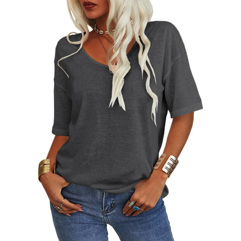 🔥 Meilleure vente | T-shirt femme à col V doux, manches courtes, léger, uni, coupe ample, minimaliste, décontracté, confortable, simple