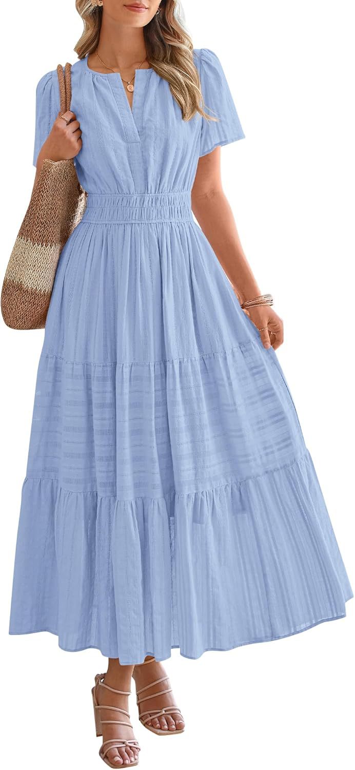 🔥 Meilleure vente | Robe maxi décontractée été 2026 pour femme, légère, manches courtes, col en V, style bohème, avec poches