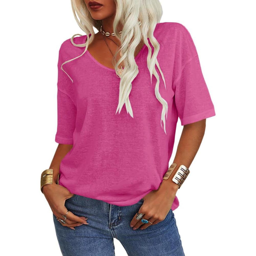 🔥 Meilleure vente | T-shirt femme à col V doux, manches courtes, léger, uni, coupe ample, minimaliste, décontracté, confortable, simple