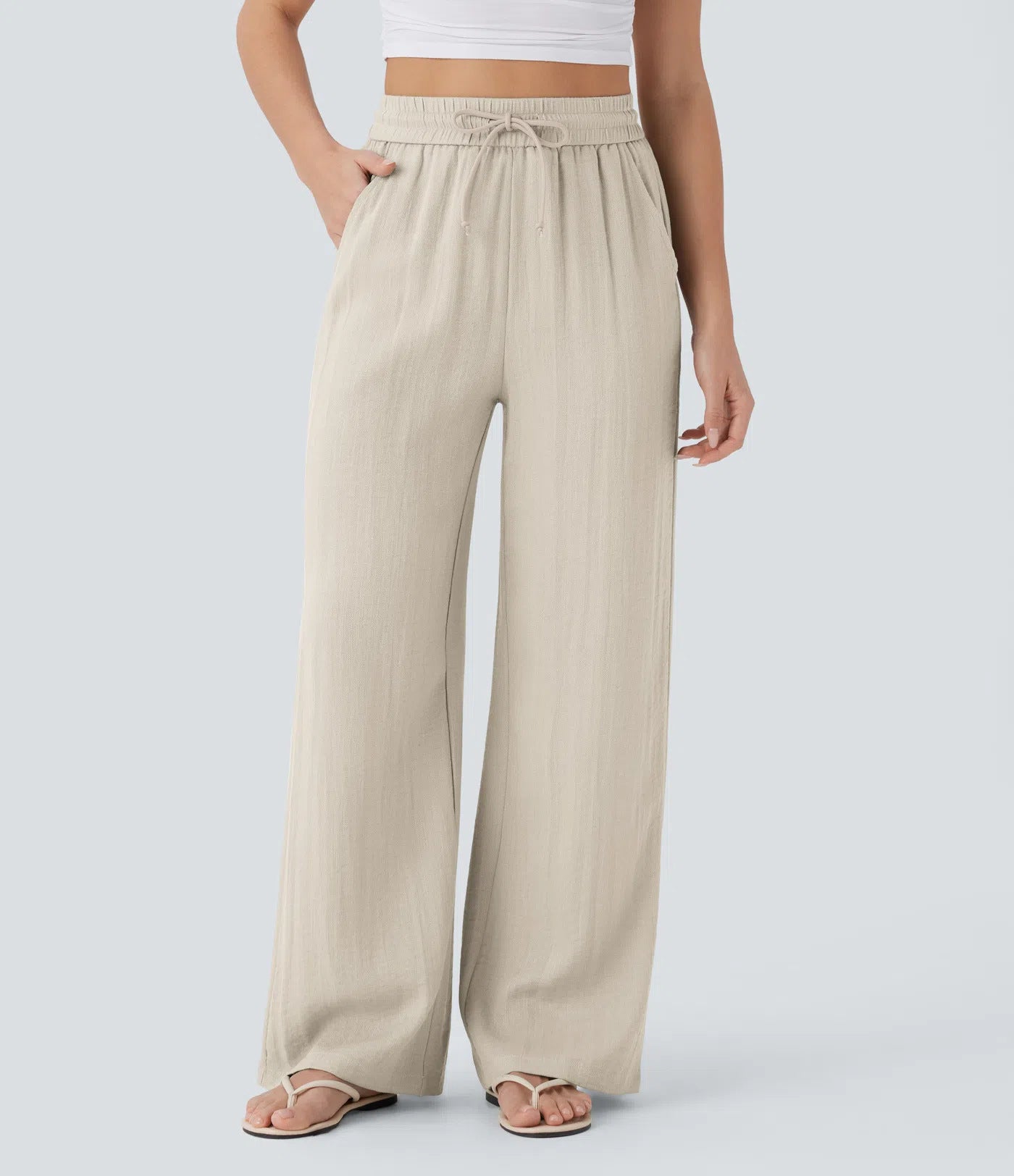🔥 Meilleure vente | Pantalon décontracté taille haute à jambes larges et cordon de serrage, toucher doux, avec poches latérales 