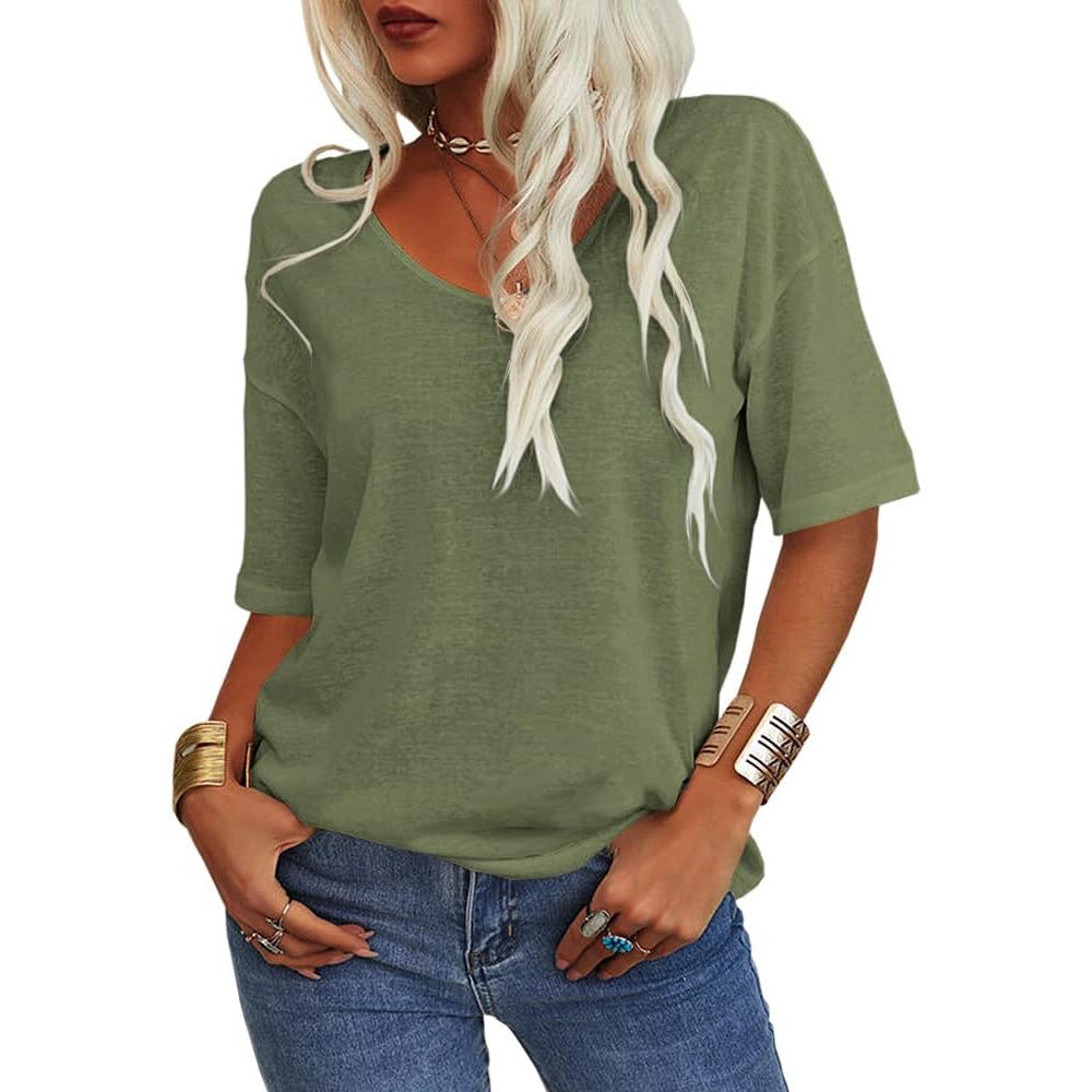 🔥 Meilleure vente | T-shirt femme à col V doux, manches courtes, léger, uni, coupe ample, minimaliste, décontracté, confortable, simple