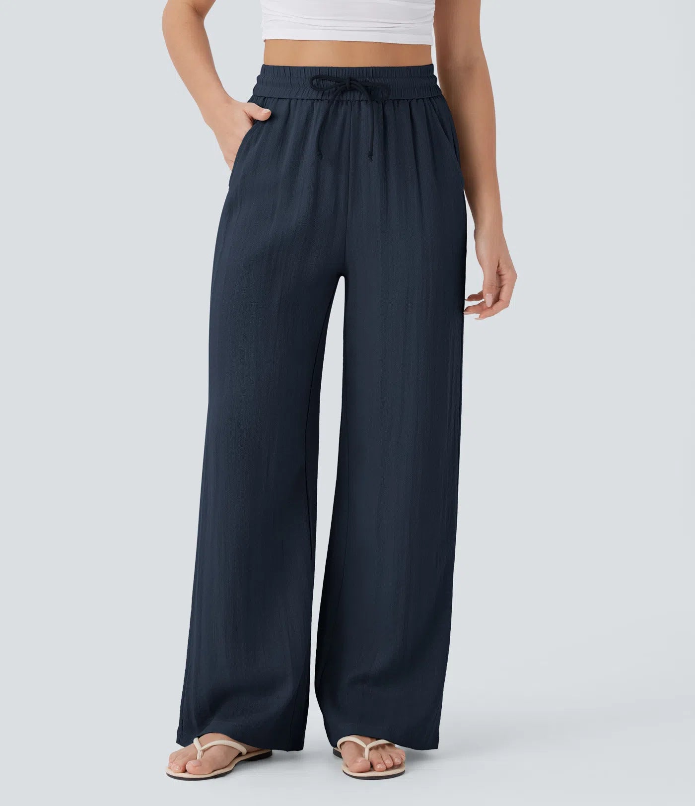 🔥 Meilleure vente | Pantalon décontracté taille haute à jambes larges et cordon de serrage, toucher doux, avec poches latérales 