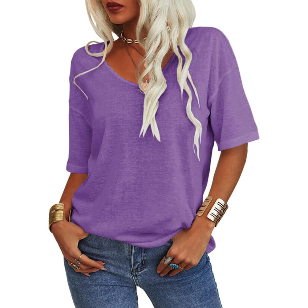 🔥 Meilleure vente | T-shirt femme à col V doux, manches courtes, léger, uni, coupe ample, minimaliste, décontracté, confortable, simple