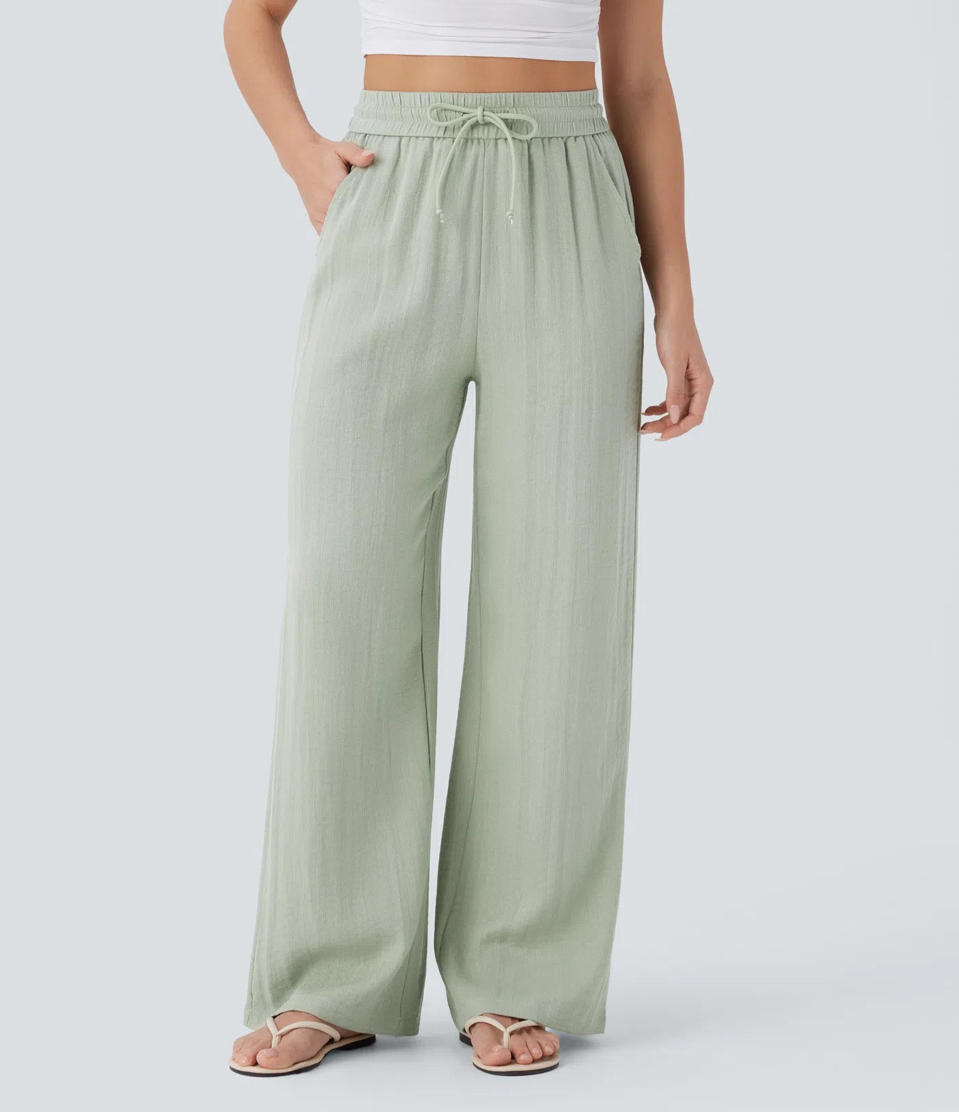 🔥 Meilleure vente | Pantalon décontracté taille haute à jambes larges et cordon de serrage, toucher doux, avec poches latérales 
