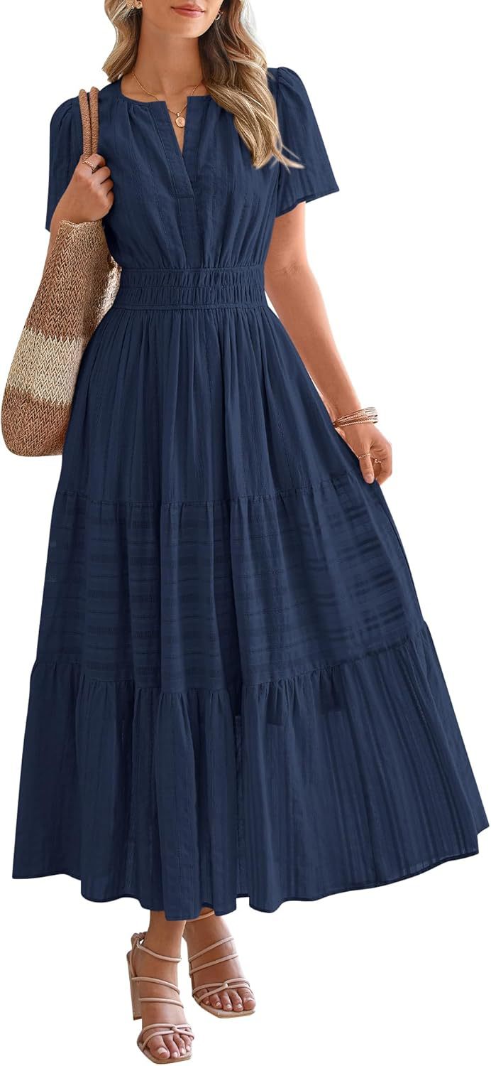 🔥 Meilleure vente | Robe maxi décontractée été 2026 pour femme, légère, manches courtes, col en V, style bohème, avec poches