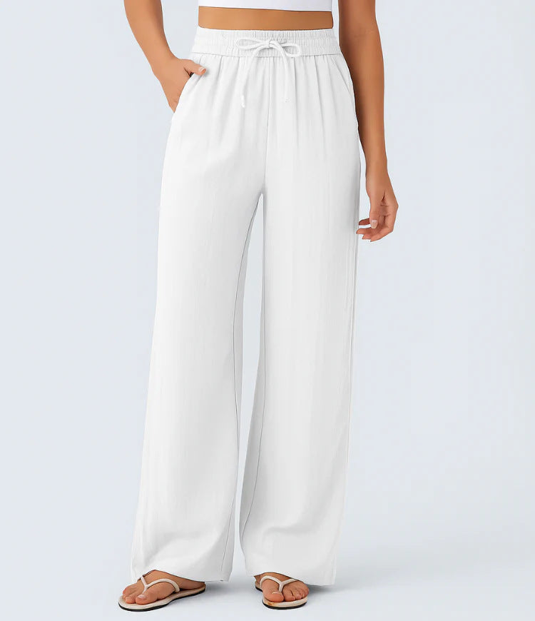 🔥 Meilleure vente | Pantalon décontracté taille haute à jambes larges et cordon de serrage, toucher doux, avec poches latérales 